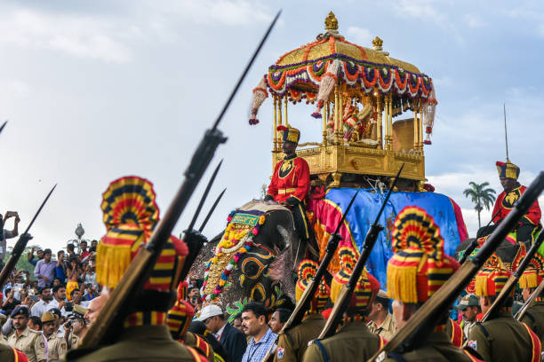 Mysore, India - October 11, 2016 :Parade or procession on Dussehra or Dasara festival Military guardsmen marching at Mysore Palace Karnataka, India. dusshera